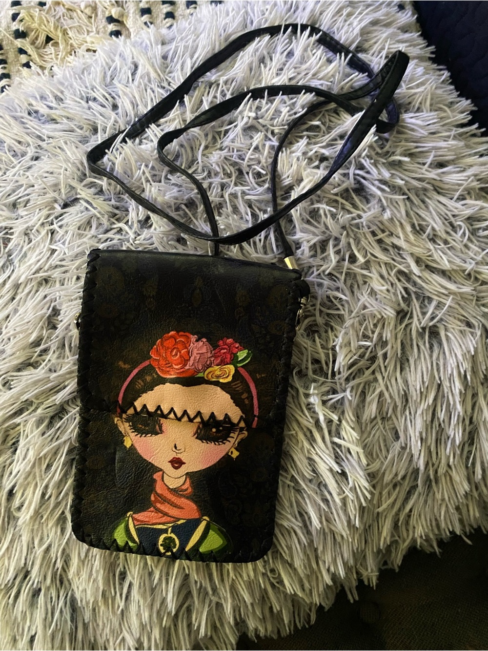Black Crossbody Phone Bag with Frida Kahlo Print